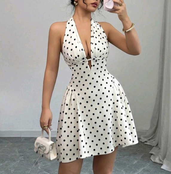 New Deep V-Neck Halter Polka Dot Print Waist Cinched Sexy Mini Dress